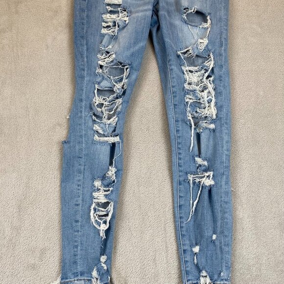 American Eagle Women's Jeans 4 Curvy Hi-Rise Jegging Crop Distressed Blue Denim - Picture 14 of 16